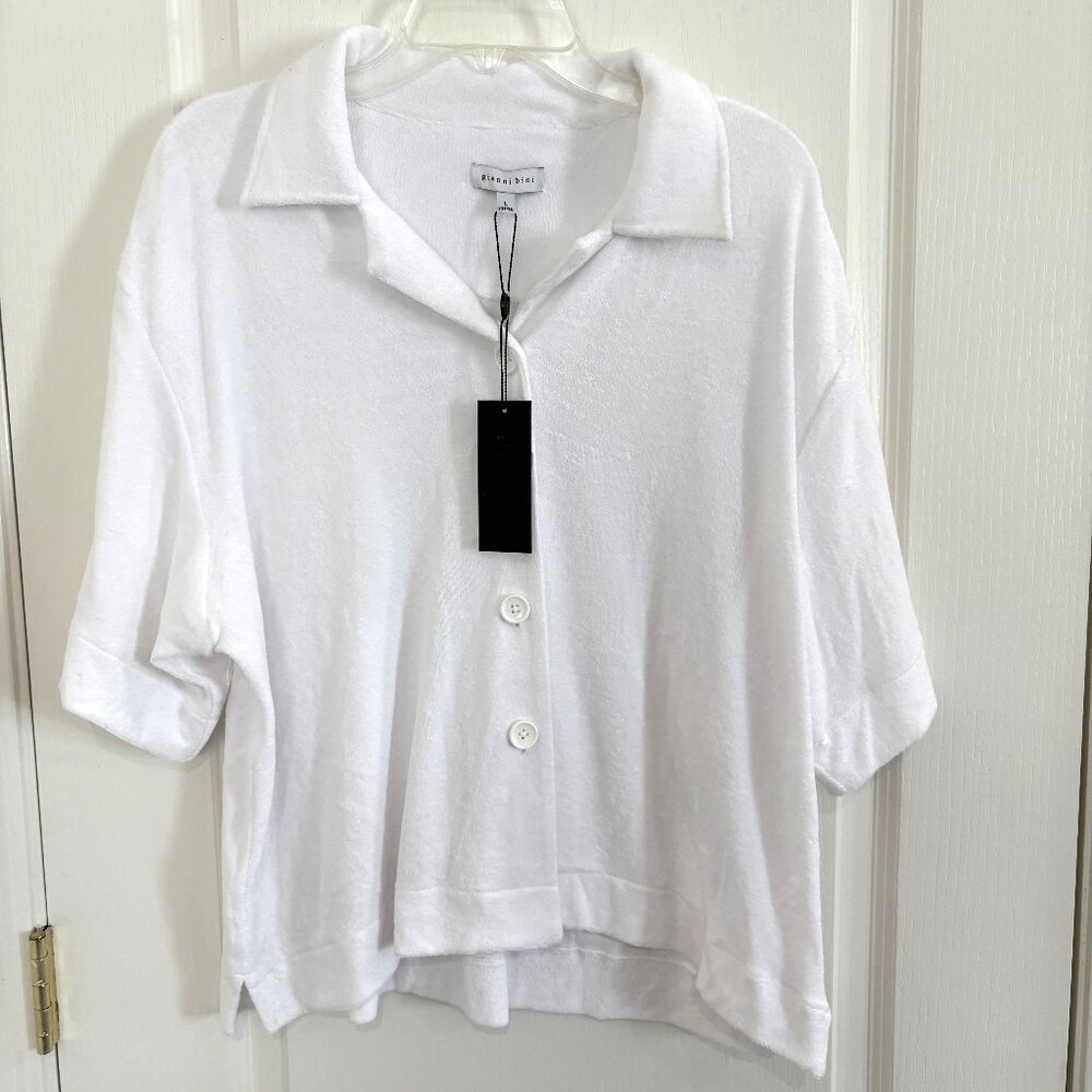 Gianni Bini Terry Button Front Top Short Sleeve Loungewear White Size Large NEW